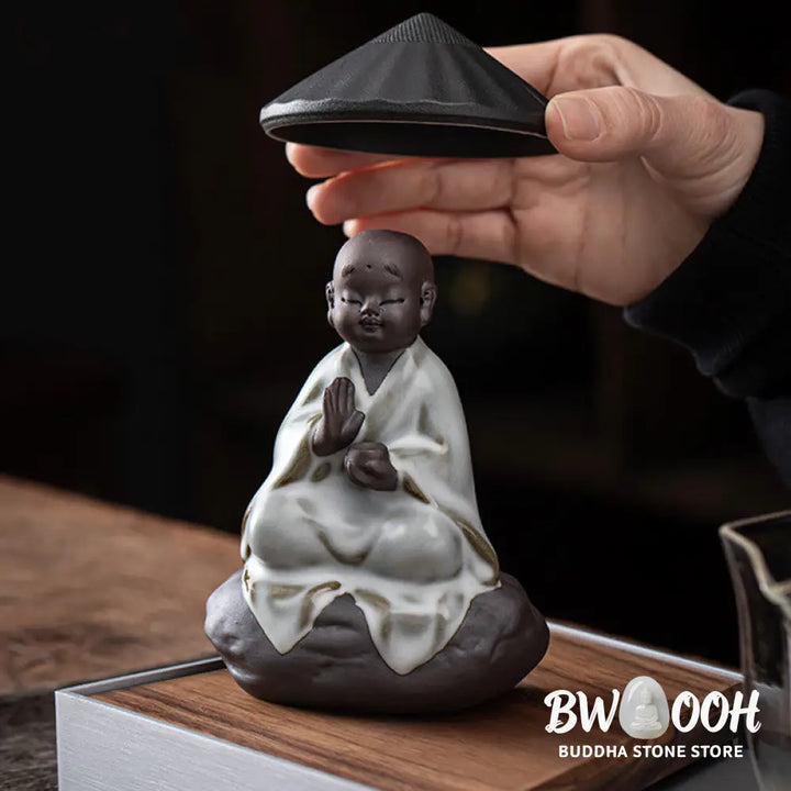 Buddha Stones Little Zen Monk Hat Strainer Ceramic Tea Accessories Figurine Home Decoration - Decorations