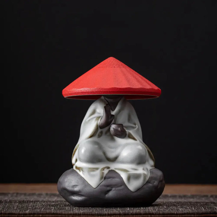 Buddha Stones Little Zen Monk Hat Strainer Ceramic Tea Accessories Figurine Home Decoration - Monk Red Hat Strainer