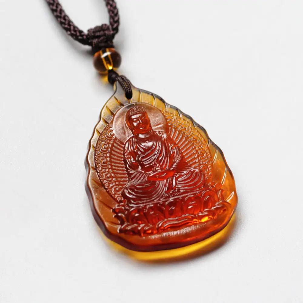 Buddha Stones Liuli Crystal Chinese Zodiac Natal Buddha Protection Leaf Shape Necklace Pendant - BWOOOH