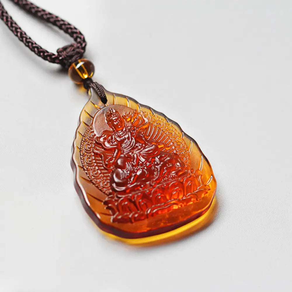 Buddha Stones Liuli Crystal Chinese Zodiac Natal Buddha Protection Leaf Shape Necklace Pendant - BWOOOH
