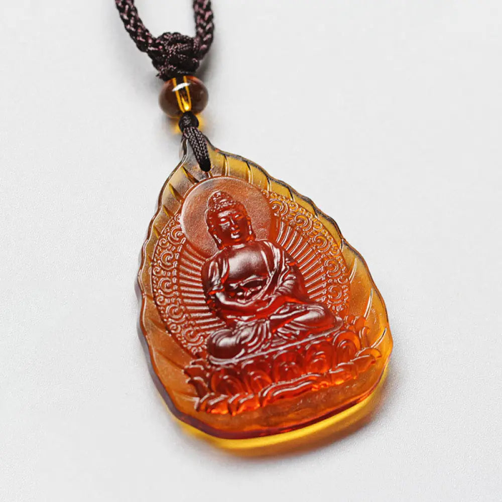 Buddha Stones Liuli Crystal Chinese Zodiac Natal Buddha Protection Leaf Shape Necklace Pendant - BWOOOH