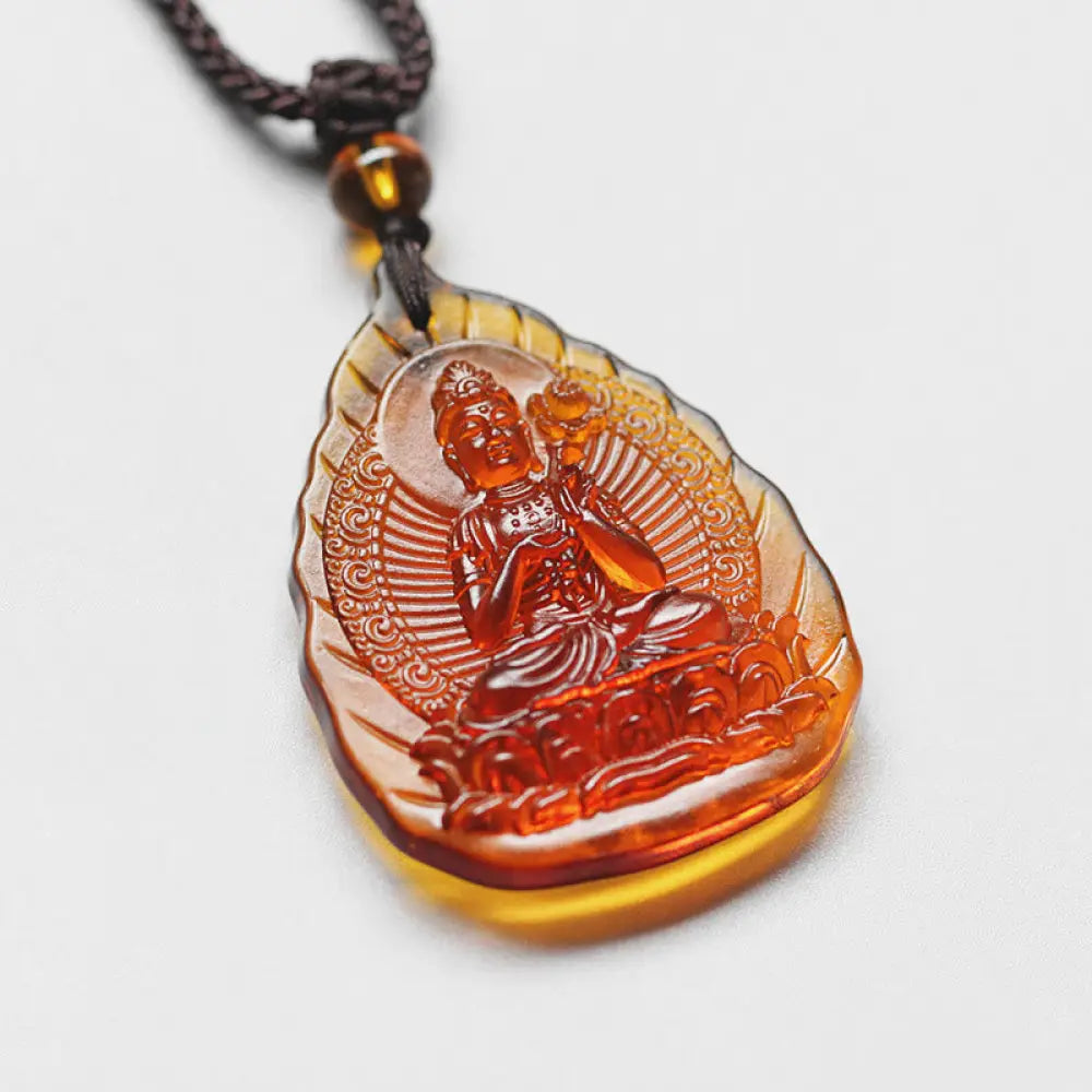 Buddha Stones Liuli Crystal Chinese Zodiac Natal Buddha Protection Leaf Shape Necklace Pendant - BWOOOH