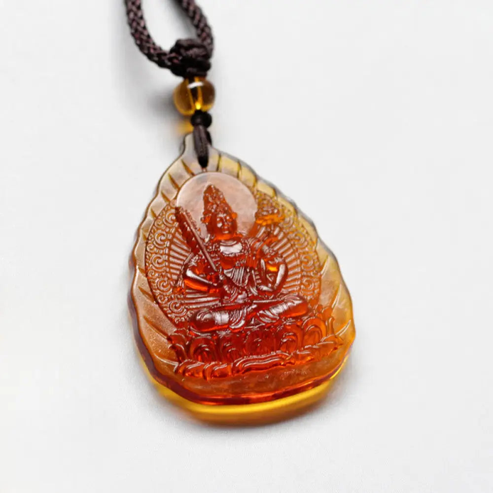 Buddha Stones Liuli Crystal Chinese Zodiac Natal Buddha Protection Leaf Shape Necklace Pendant - BWOOOH - Ox/Tiger-Void
