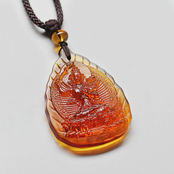 Buddha Stones Liuli Crystal Chinese Zodiac Natal Buddha Protection Leaf Shape Necklace Pendant - BWOOOH