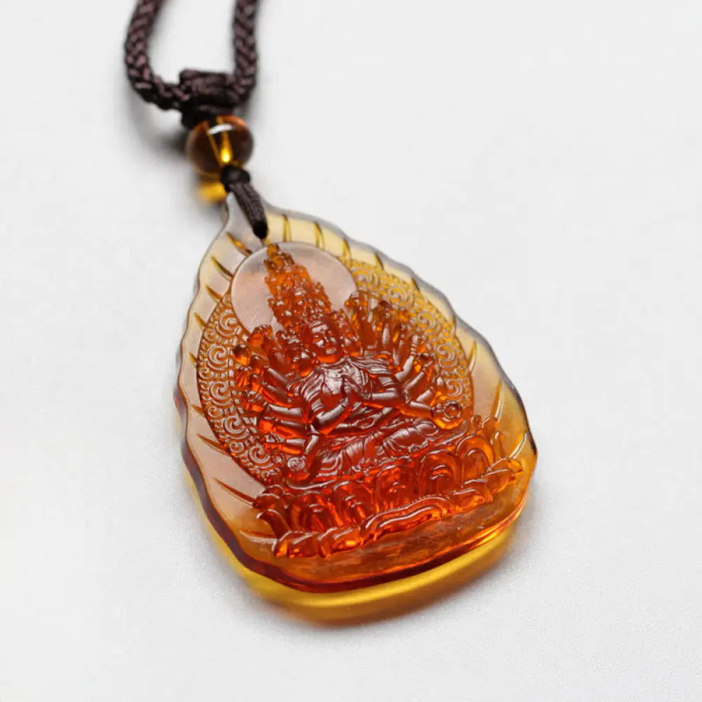 Buddha Stones Liuli Crystal Chinese Zodiac Natal Buddha Protection Leaf Shape Necklace Pendant - BWOOOH