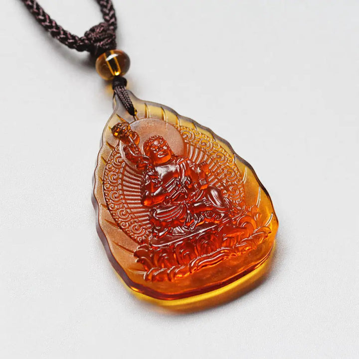 Buddha Stones Liuli Crystal Chinese Zodiac Natal Buddha Protection Leaf Shape Necklace Pendant - BWOOOH