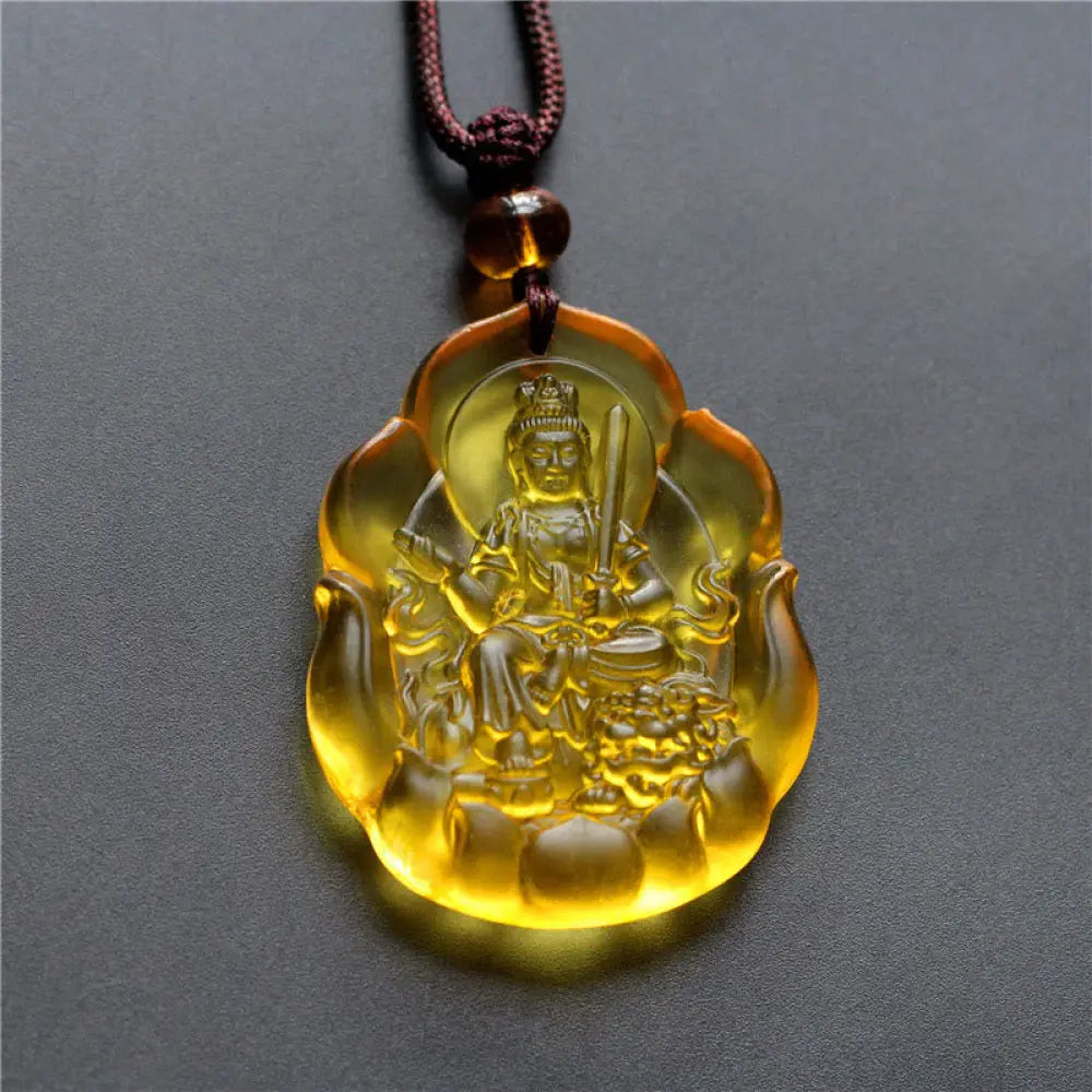 Buddha Stones Liuli Crystal Chinese Zodiac Natal Buddha Protection Necklace Pendant - BWOOOH - Rabbit-Manjushri