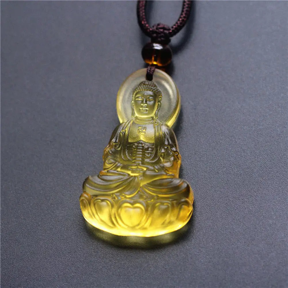 Buddha Stones Liuli Crystal Medicine Buddha Serenity Necklace Pendant - BWOOOH - Medicine Buddha-Yellow - Necklaces &amp;