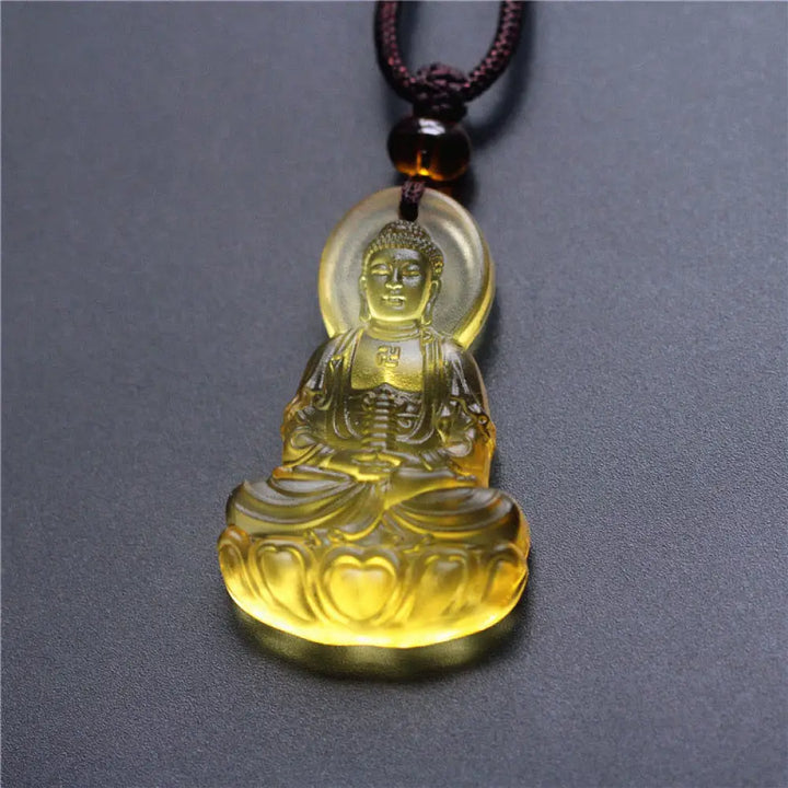Buddha Stones Liuli Crystal Medicine Buddha Serenity Necklace Pendant - BWOOOH - Medicine Buddha-Yellow - Necklaces &amp;