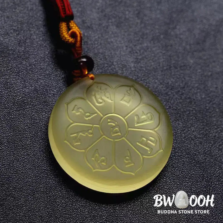 Buddha Stones Liuli Crystal Wealth God Mantra Abundance Eight-petal Shape Necklace Pendant - BWOOOH - Necklaces &amp;