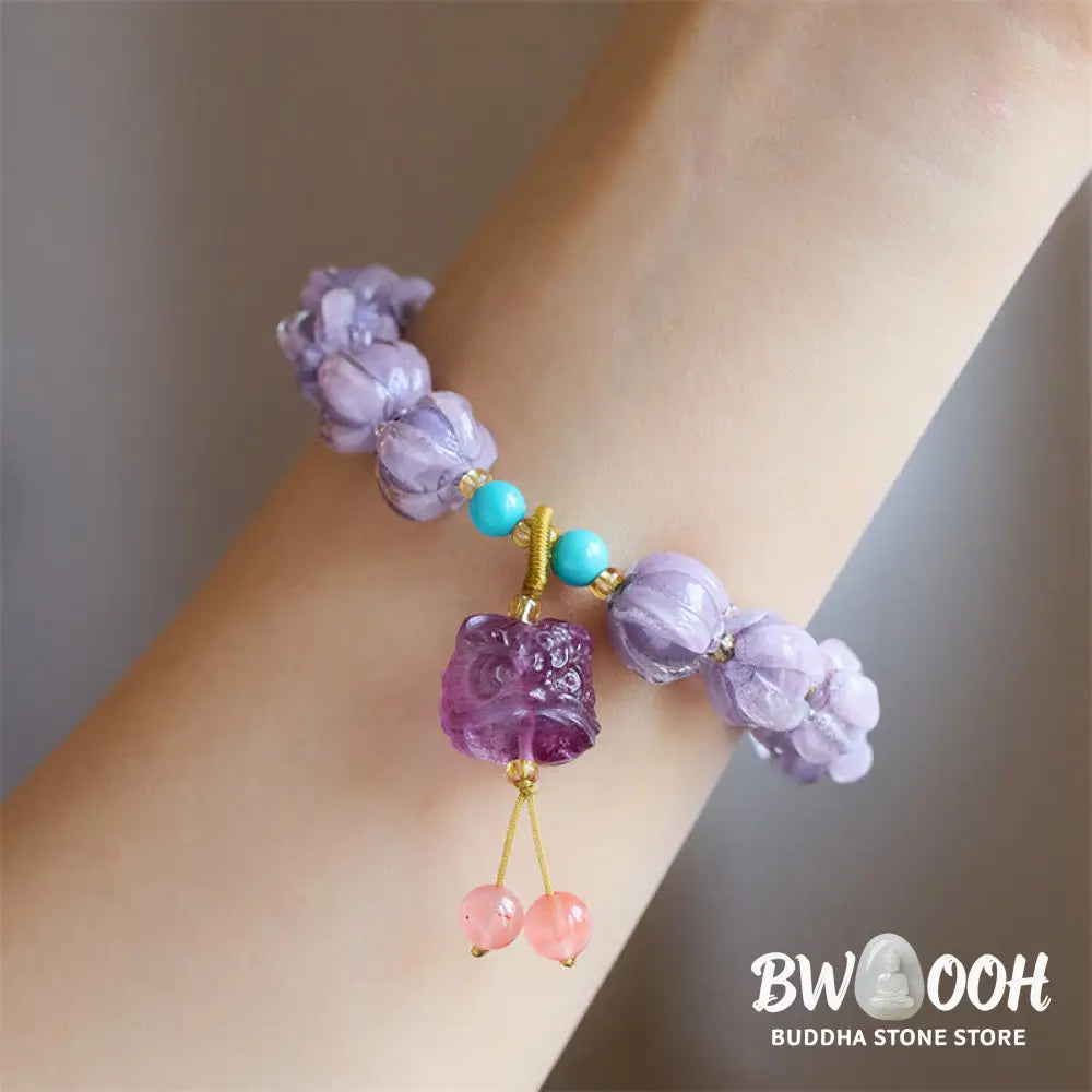 Buddha Stones Liuli Glass Bead Lotus Design Fluorite Ivory Fruit Dancing Lion Charm Enlightenment Bracelet - BWOOOH