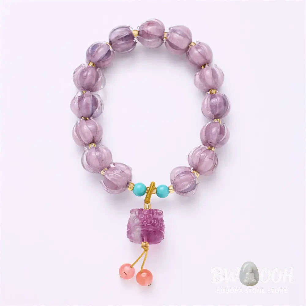 Buddha Stones Liuli Glass Bead Lotus Design Fluorite Ivory Fruit Dancing Lion Charm Enlightenment Bracelet - BWOOOH