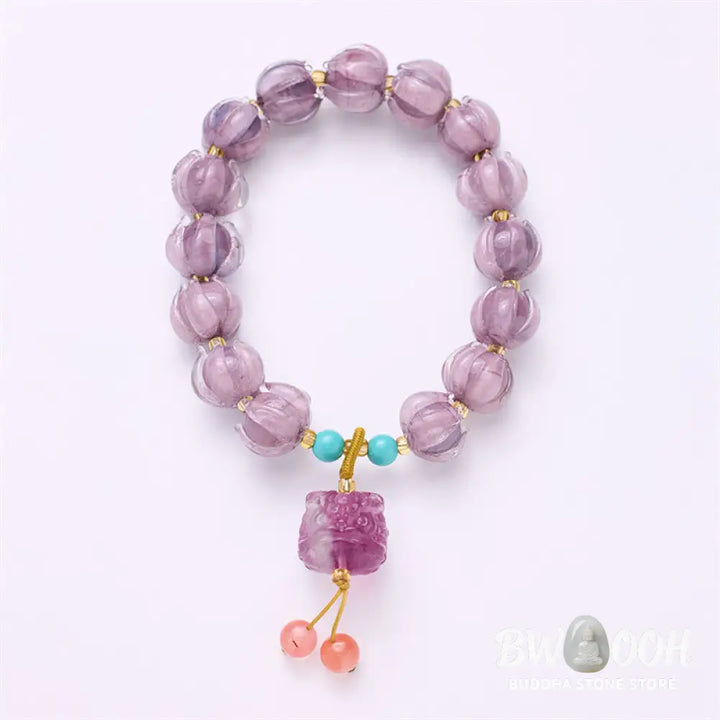 Buddha Stones Liuli Glass Bead Lotus Design Fluorite Ivory Fruit Dancing Lion Charm Enlightenment Bracelet - BWOOOH