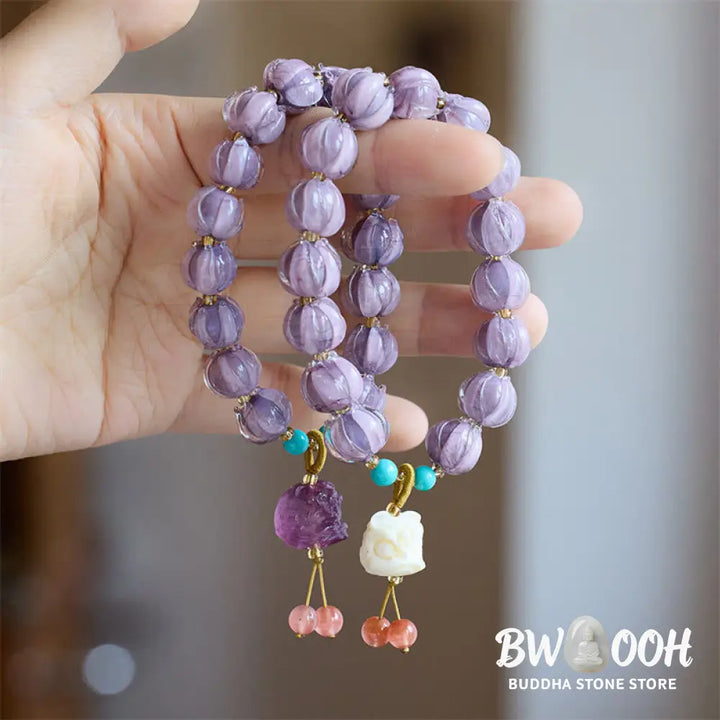 Buddha Stones Liuli Glass Bead Lotus Design Fluorite Ivory Fruit Dancing Lion Charm Enlightenment Bracelet - BWOOOH