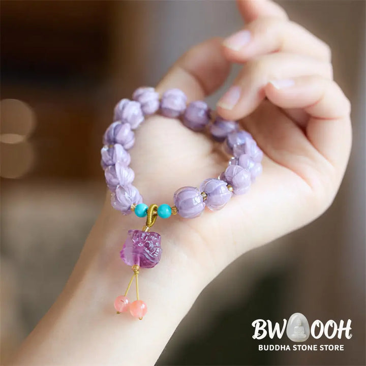 Buddha Stones Liuli Glass Bead Lotus Design Fluorite Ivory Fruit Dancing Lion Charm Enlightenment Bracelet - BWOOOH