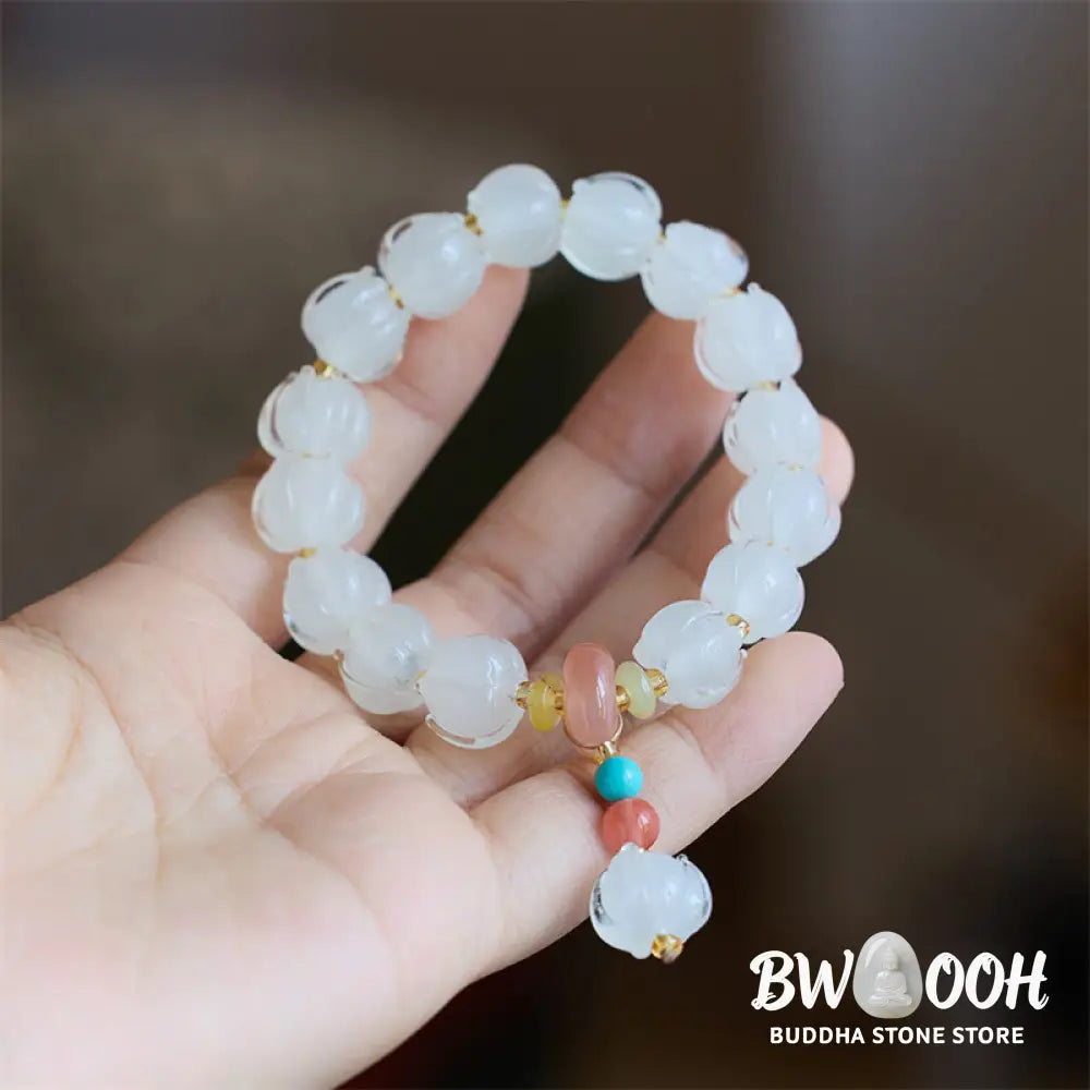 Buddha Stones Liuli Glass Bead Lotus Design Fluorite Ivory Fruit Dancing Lion Charm Enlightenment Bracelet - BWOOOH