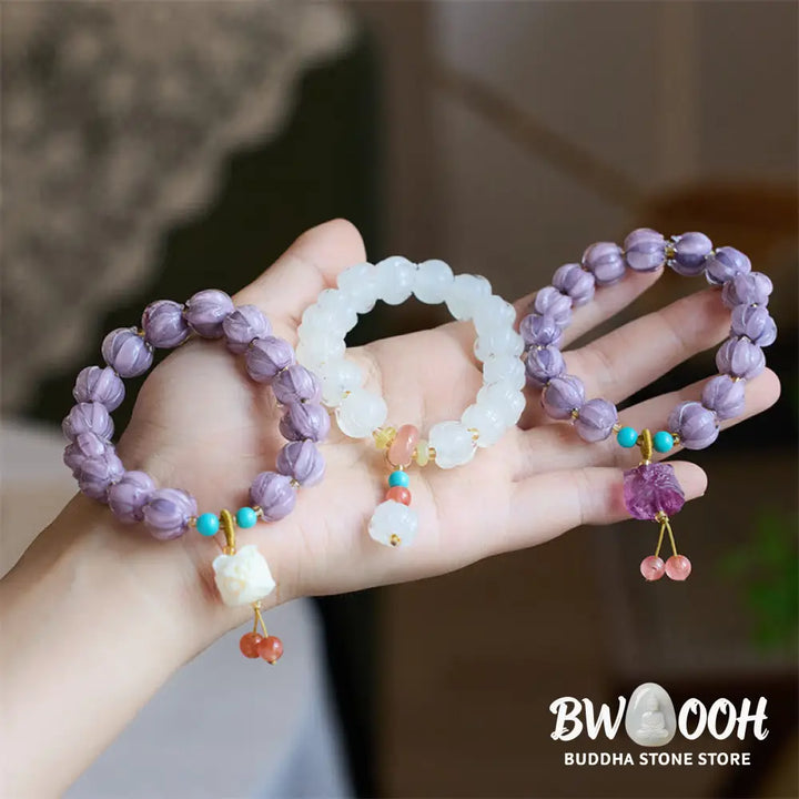 Buddha Stones Liuli Glass Bead Lotus Design Fluorite Ivory Fruit Dancing Lion Charm Enlightenment Bracelet - BWOOOH