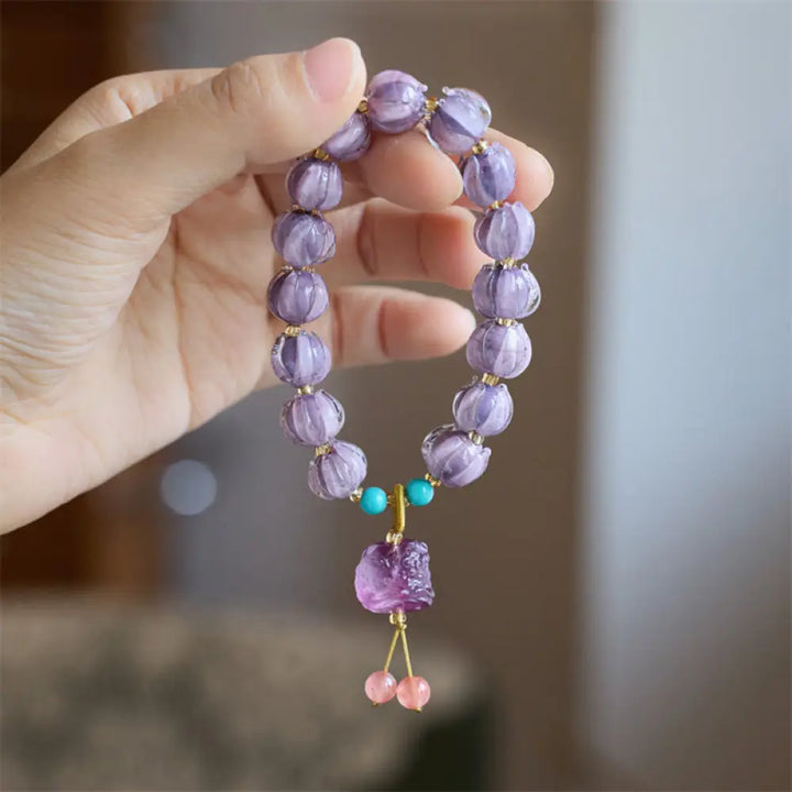 BWOOOH Liuli Glass Bead Lotus Design Fluorite Ivory Fruit Dancing Lion Charm Enlightenment Bracelet - BWOOOH