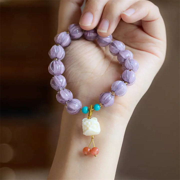 Buddha Stones Liuli Glass Bead Lotus Design Fluorite Ivory Fruit Dancing Lion Charm Enlightenment Bracelet - BWOOOH