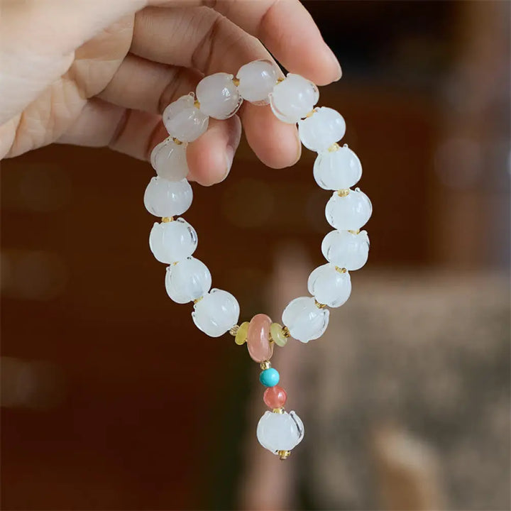 Buddha Stones Liuli Glass Bead Lotus Design Fluorite Ivory Fruit Dancing Lion Charm Enlightenment Bracelet - BWOOOH