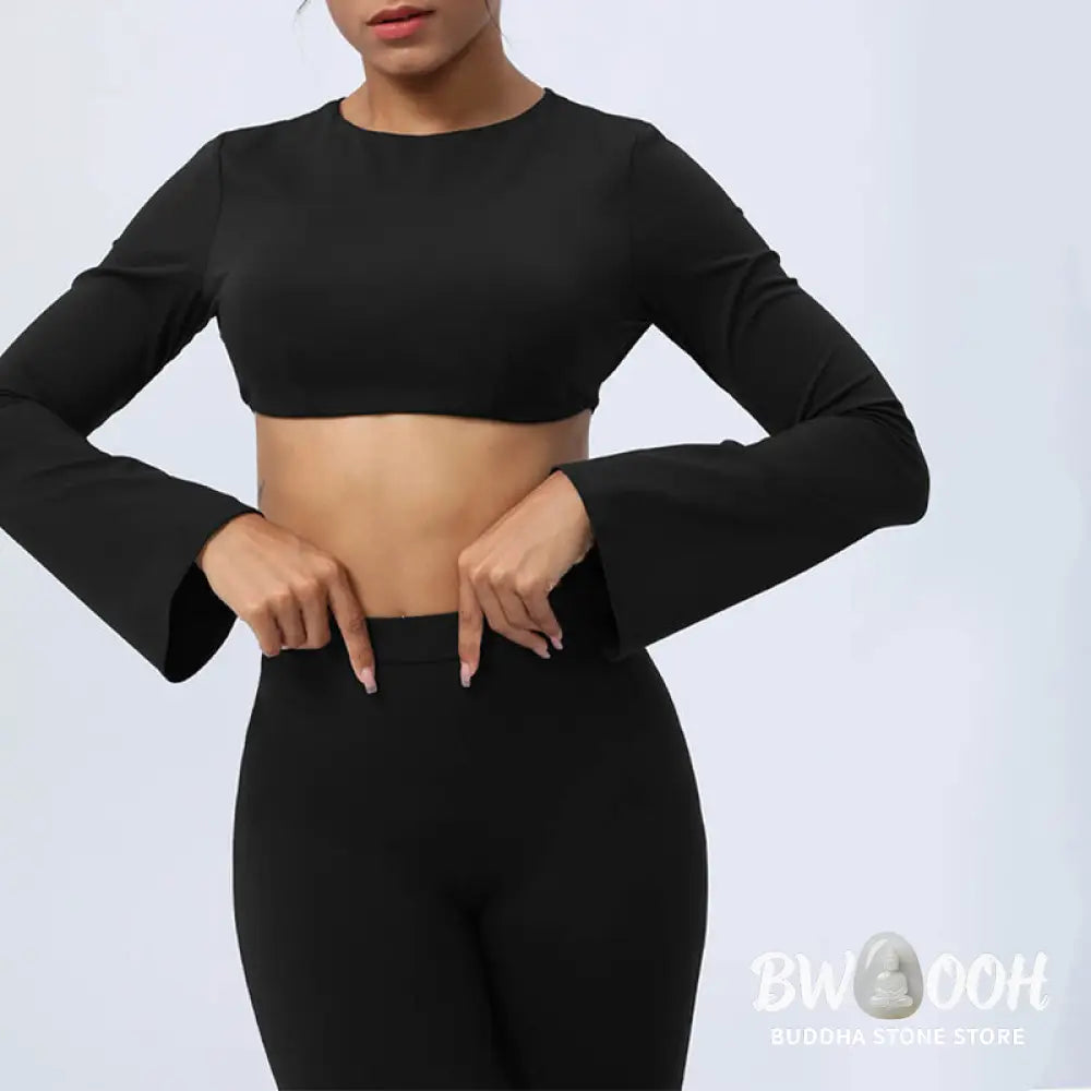 BWOOOH lotus print yoga pants - Long Sleeve Backless Strap Top Bra Flare