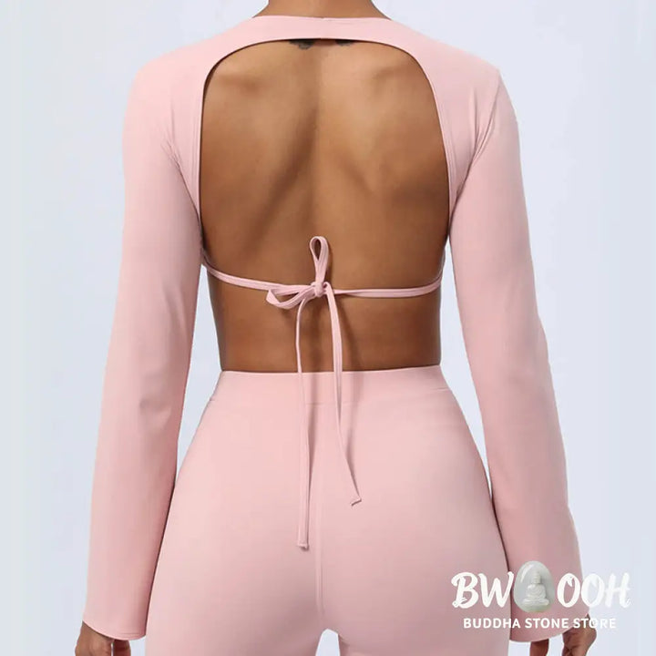 BWOOOH lotus print yoga pants - Long Sleeve Backless Strap Top Bra Flare