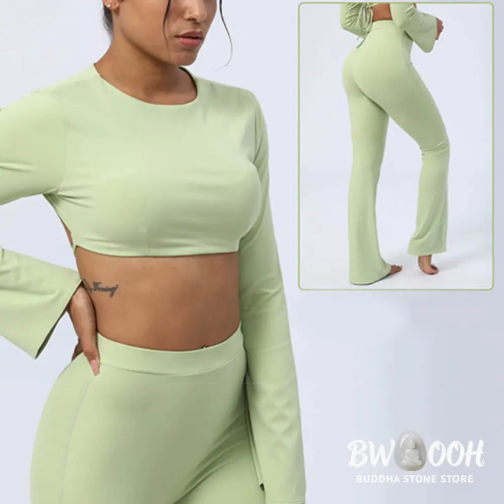 BWOOOH lotus print yoga pants - Long Sleeve Backless Strap Top Bra Flare