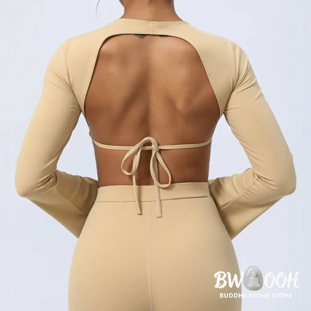 BWOOOH lotus print yoga pants - Long Sleeve Backless Strap Top Bra Flare