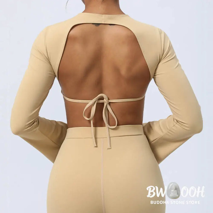 BWOOOH lotus print yoga pants - Long Sleeve Backless Strap Top Bra Flare