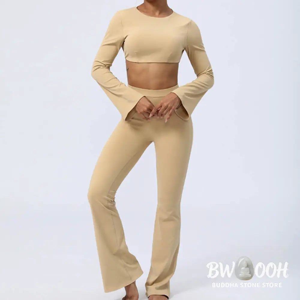 BWOOOH lotus print yoga pants - Long Sleeve Backless Strap Top Bra Flare