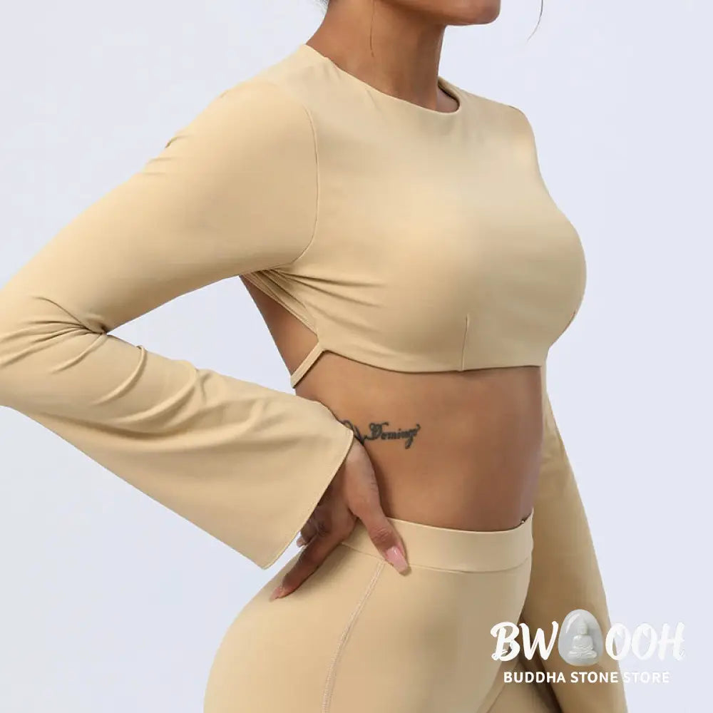BWOOOH lotus print yoga pants - Long Sleeve Backless Strap Top Bra Flare