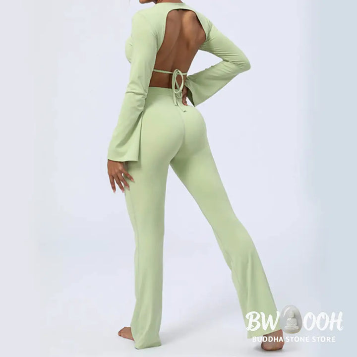 BWOOOH lotus print yoga pants - Long Sleeve Backless Strap Top Bra Flare