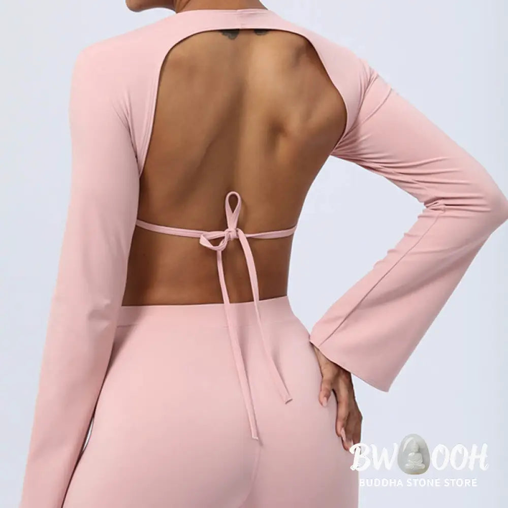 BWOOOH lotus print yoga pants - Long Sleeve Backless Strap Top Bra Flare