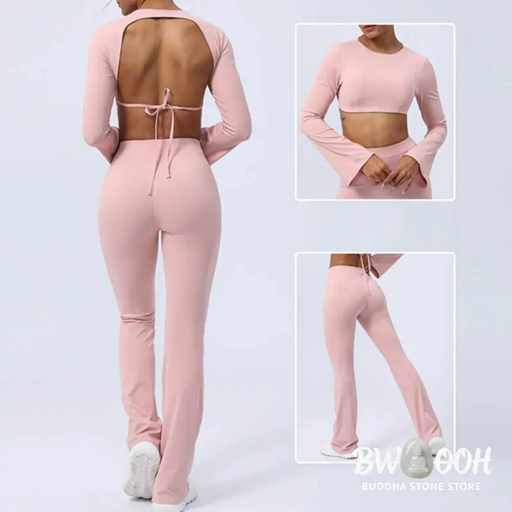 BWOOOH lotus print yoga pants - Long Sleeve Backless Strap Top Bra Flare