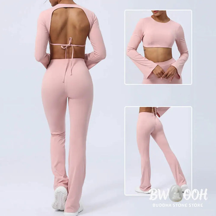 BWOOOH lotus print yoga pants - Long Sleeve Backless Strap Top Bra Flare
