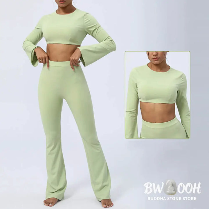 BWOOOH lotus print yoga pants - Long Sleeve Backless Strap Top Bra Flare