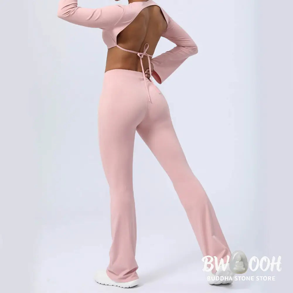 BWOOOH lotus print yoga pants - Long Sleeve Backless Strap Top Bra Flare
