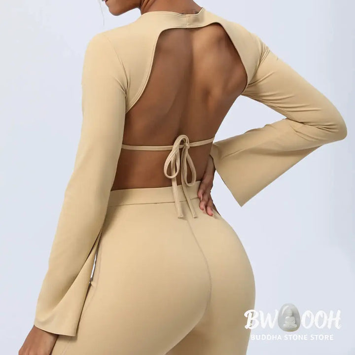 BWOOOH lotus print yoga pants - Long Sleeve Backless Strap Top Bra Flare