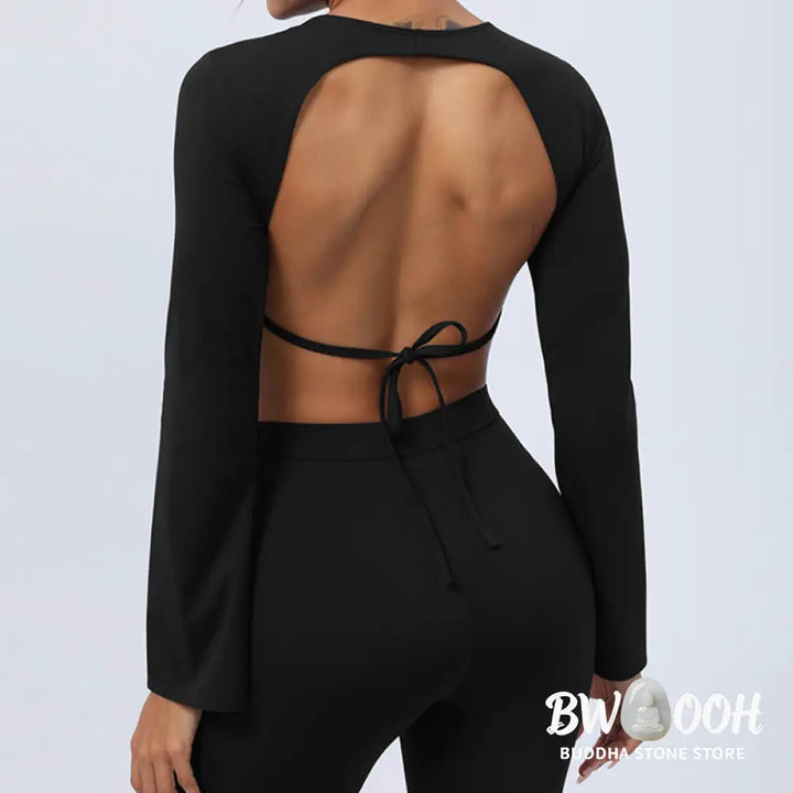 BWOOOH lotus print yoga pants - Long Sleeve Backless Strap Top Bra Flare