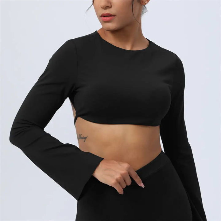 BWOOOH lotus print yoga pants - Long Sleeve Backless Strap Top Bra Flare