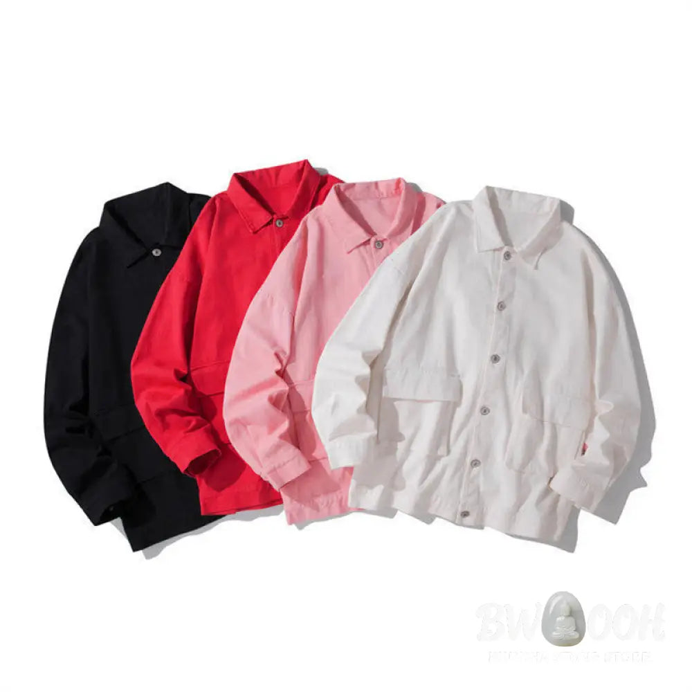 Buddha Stones Long Sleeve Button Stand Collar Design Men’s Cotton Jacket Shirt With Pockets - Men’s Jacket