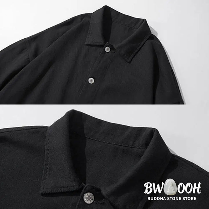 Buddha Stones Long Sleeve Button Stand Collar Design Men’s Cotton Jacket Shirt With Pockets - Men’s Jacket