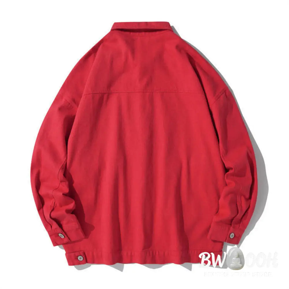 Buddha Stones Long Sleeve Button Stand Collar Design Men’s Cotton Jacket Shirt With Pockets - Men’s Jacket