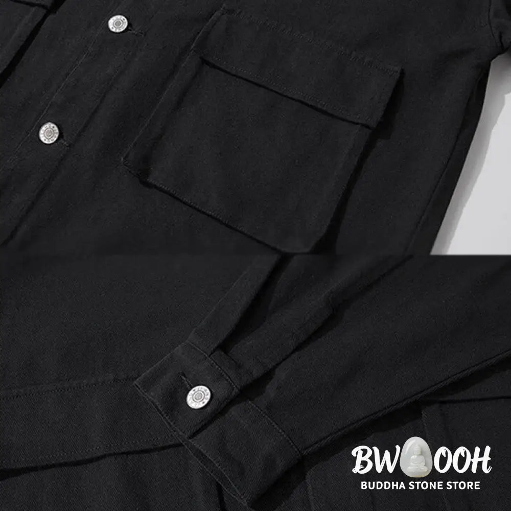 Buddha Stones Long Sleeve Button Stand Collar Design Men’s Cotton Jacket Shirt With Pockets - Men’s Jacket