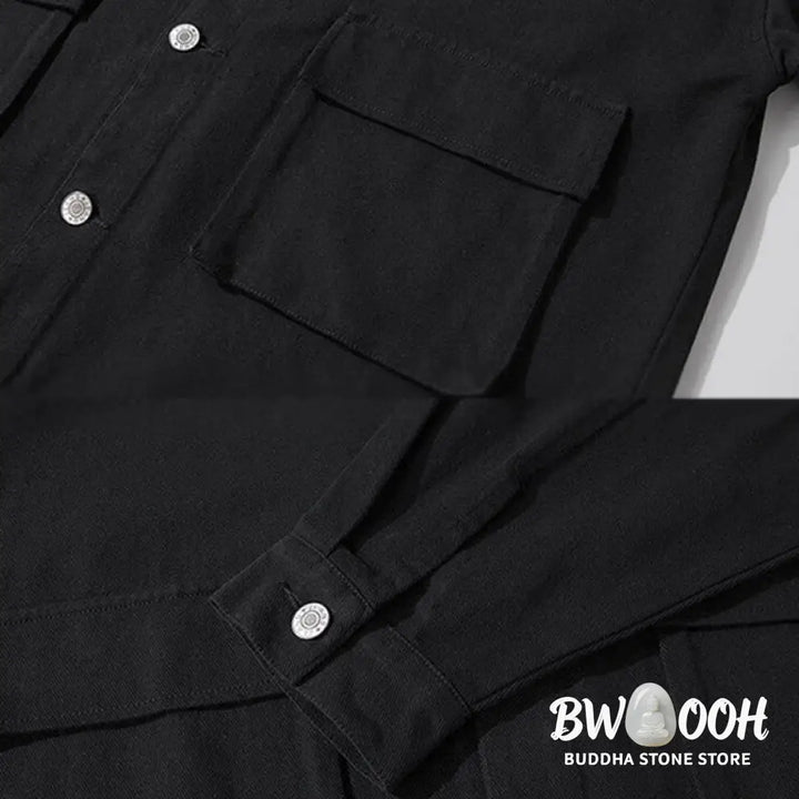 Buddha Stones Long Sleeve Button Stand Collar Design Men’s Cotton Jacket Shirt With Pockets - Men’s Jacket
