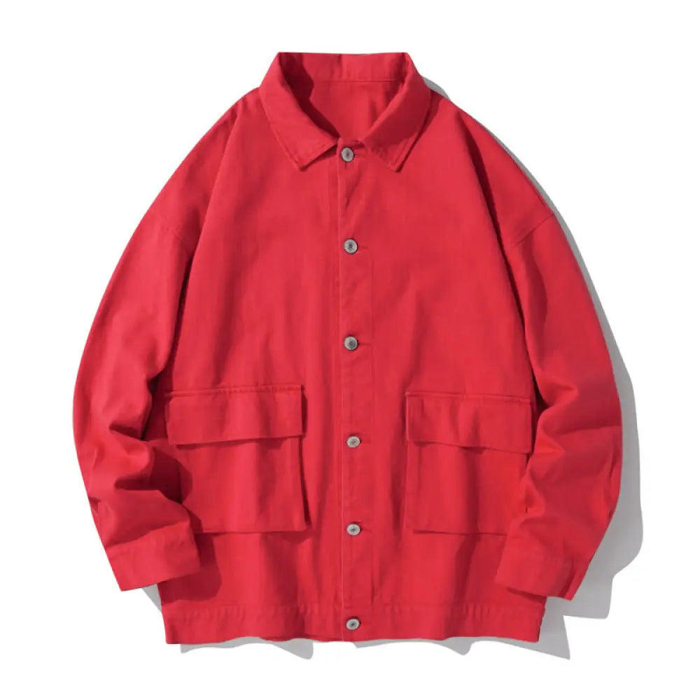 Buddha Stones Long Sleeve Button Stand Collar Design Men’s Cotton Jacket Shirt With Pockets - Crimson / US/UK/AU38，EU48