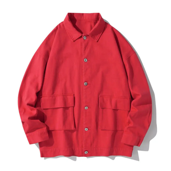 Buddha Stones Long Sleeve Button Stand Collar Design Men’s Cotton Jacket Shirt With Pockets - Crimson / US/UK/AU38，EU48