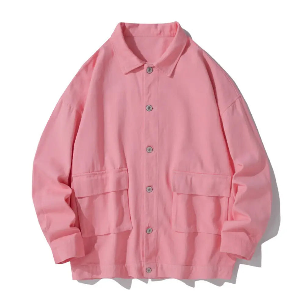 Buddha Stones Long Sleeve Button Stand Collar Design Men’s Cotton Jacket Shirt With Pockets - LightPink
