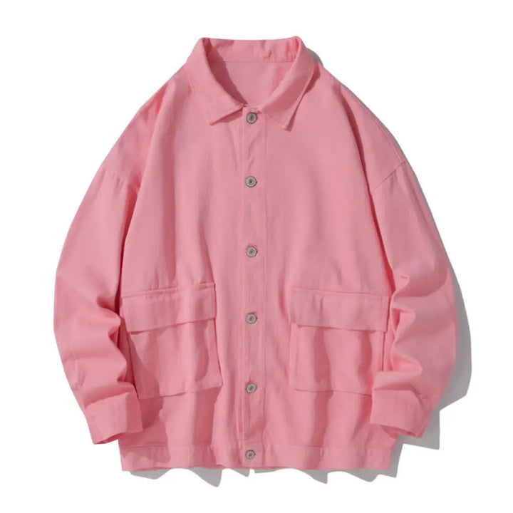 Buddha Stones Long Sleeve Button Stand Collar Design Men’s Cotton Jacket Shirt With Pockets - LightPink