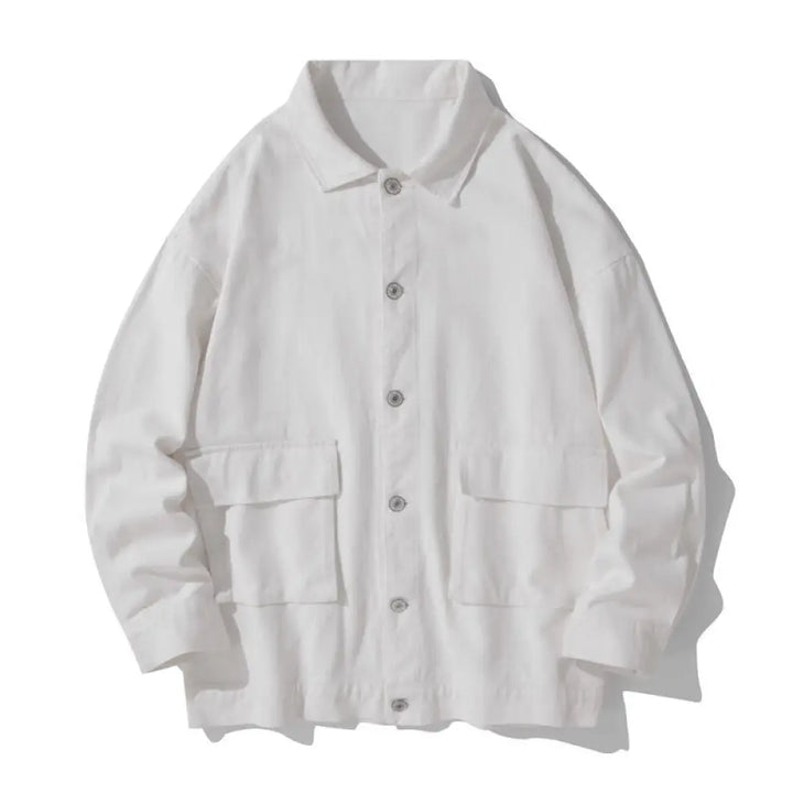 Buddha Stones Long Sleeve Button Stand Collar Design Men’s Cotton Jacket Shirt With Pockets - White / US/UK/AU38，EU48
